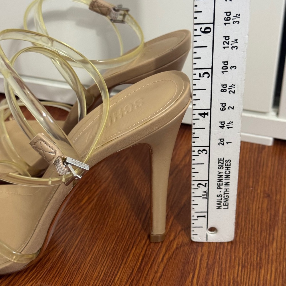 Schutz Strappy Sandal Heels 8B Clear PVC Nude Leather Stiletto Neutral Formal - Picture 7 of 9